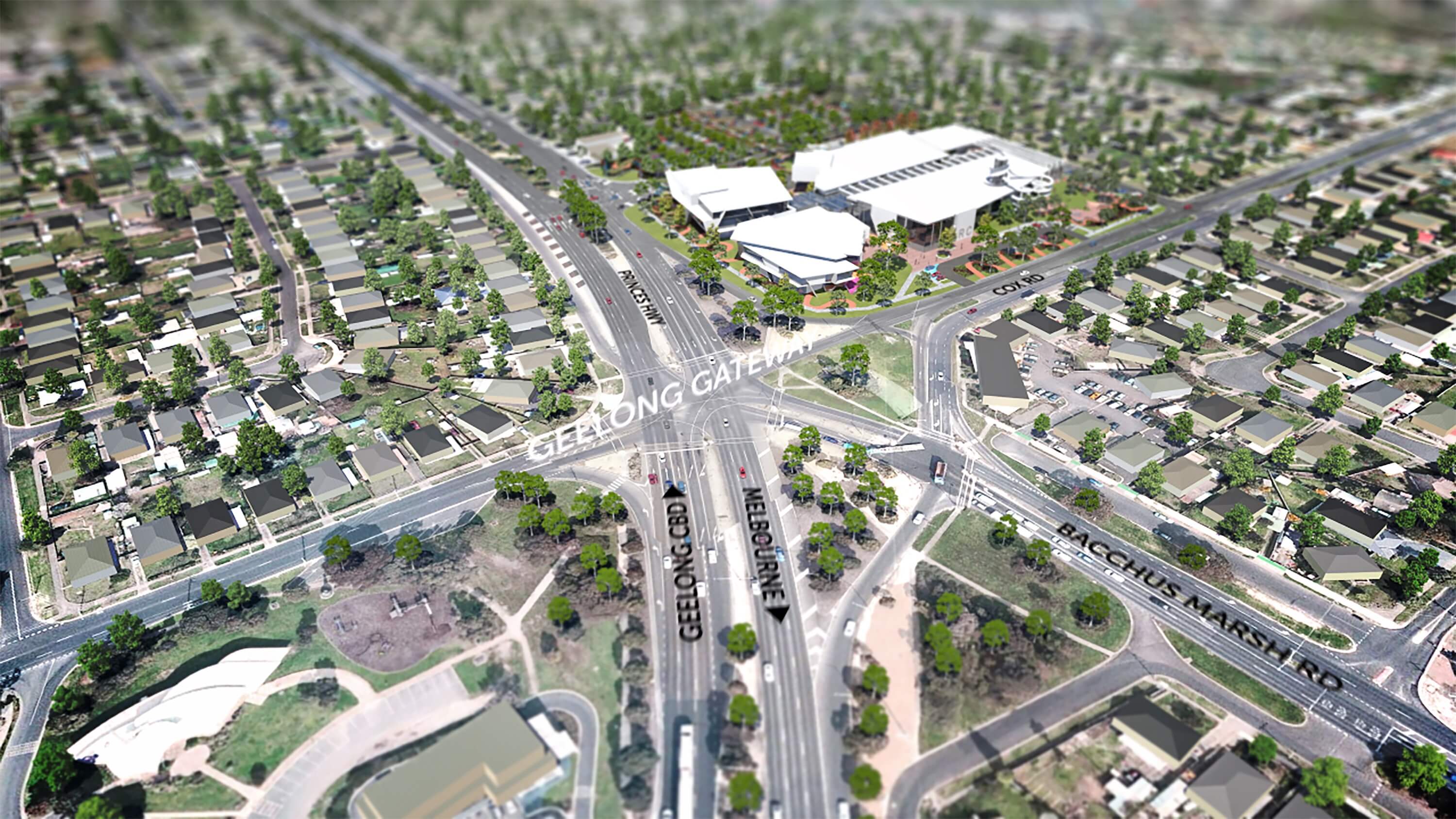 Aerial render of community hub site at major Geelong intersection