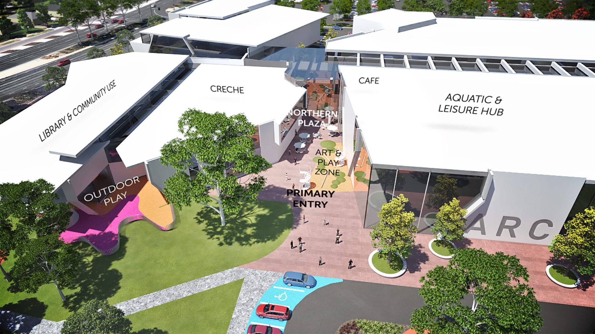 Aerial render of new community hub with library, creche, cafe, aquatic and leisure centres marked