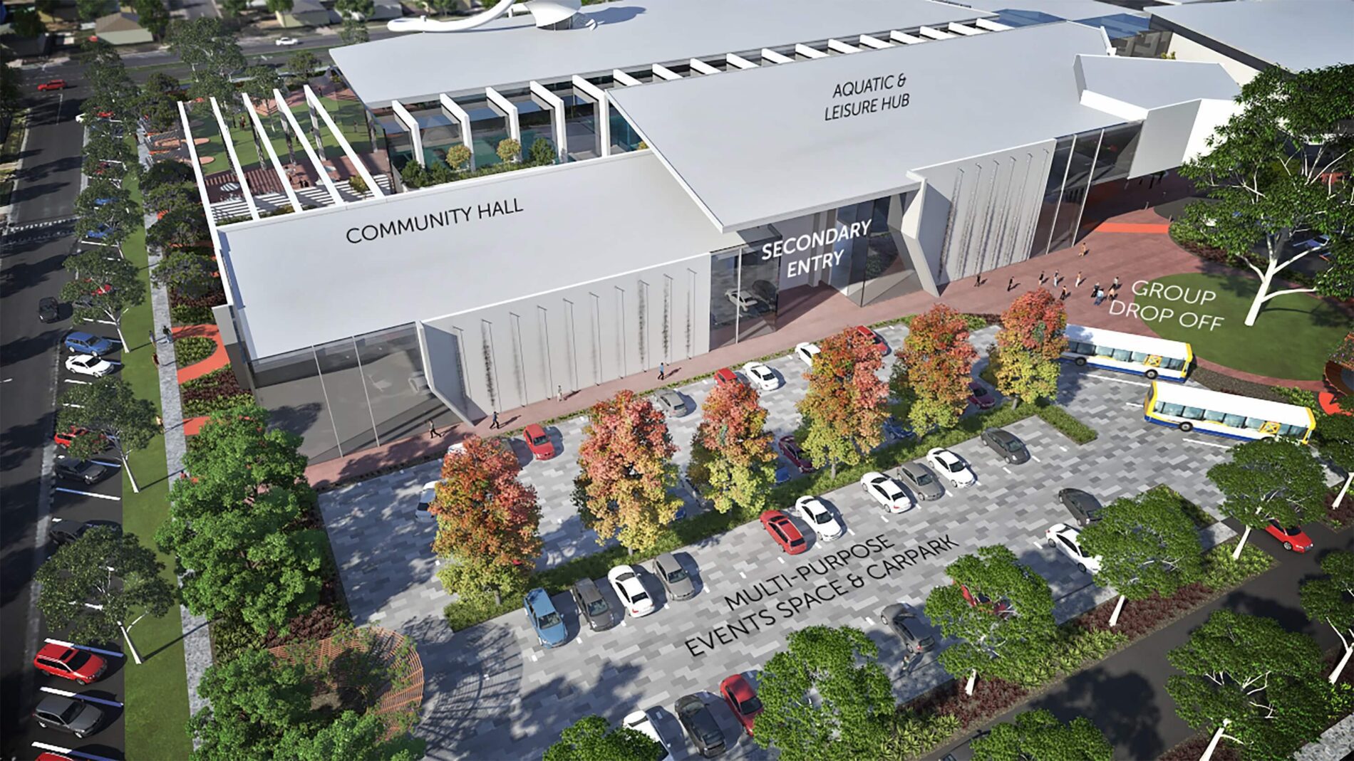Aerial render of new community hub secondary entry with community hall, aquatic and leisure hub, carparking marked