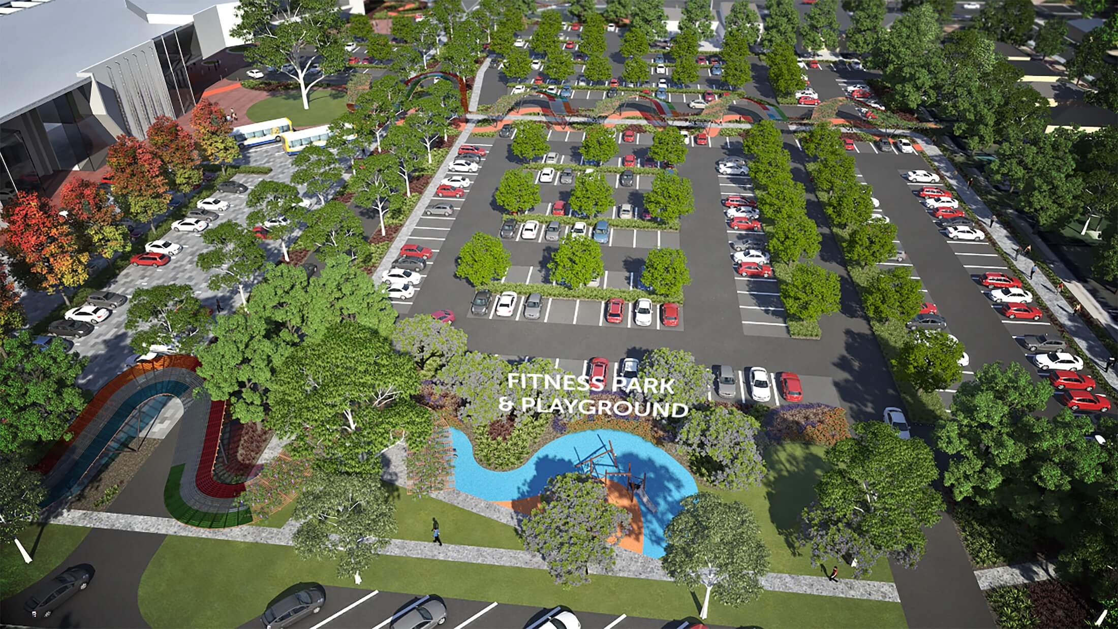Aerial render of new community hub fitness park and playground, carparking marked