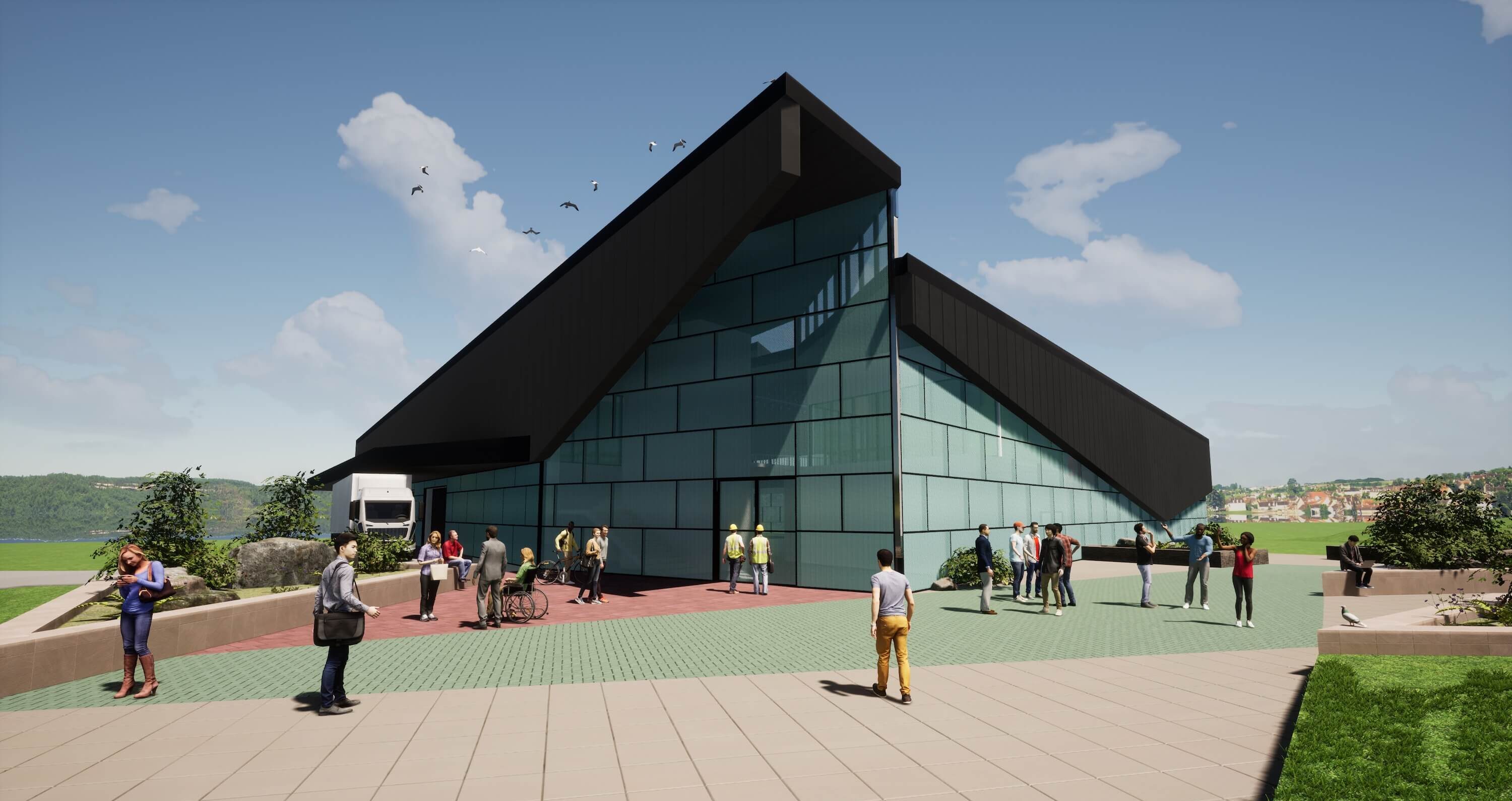 Artist's impression of corner view of contemporary training facility, landscaped forecourt