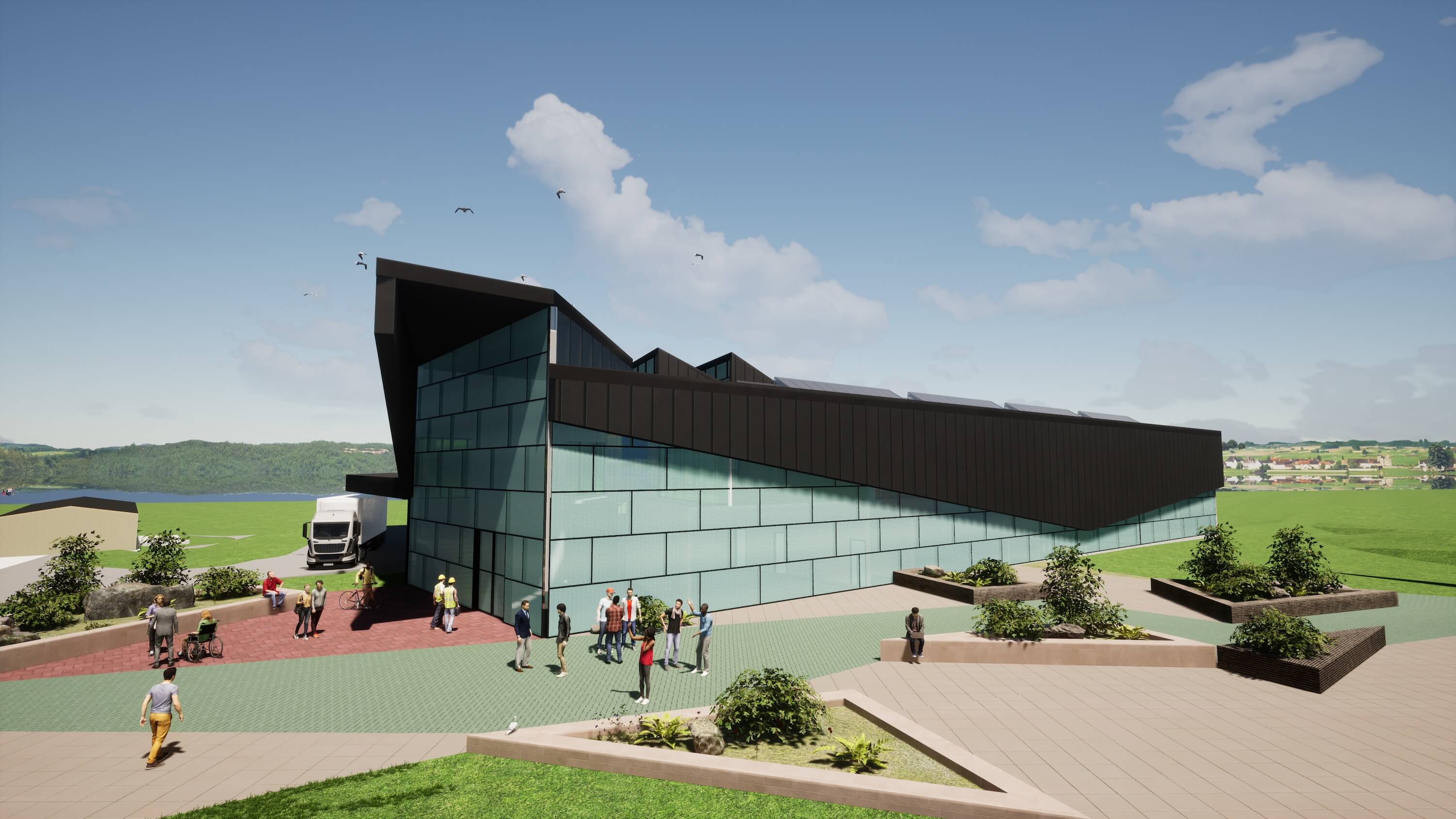 Artist's impression of an angled view of contemporary training facility, landscaped triangles alongside