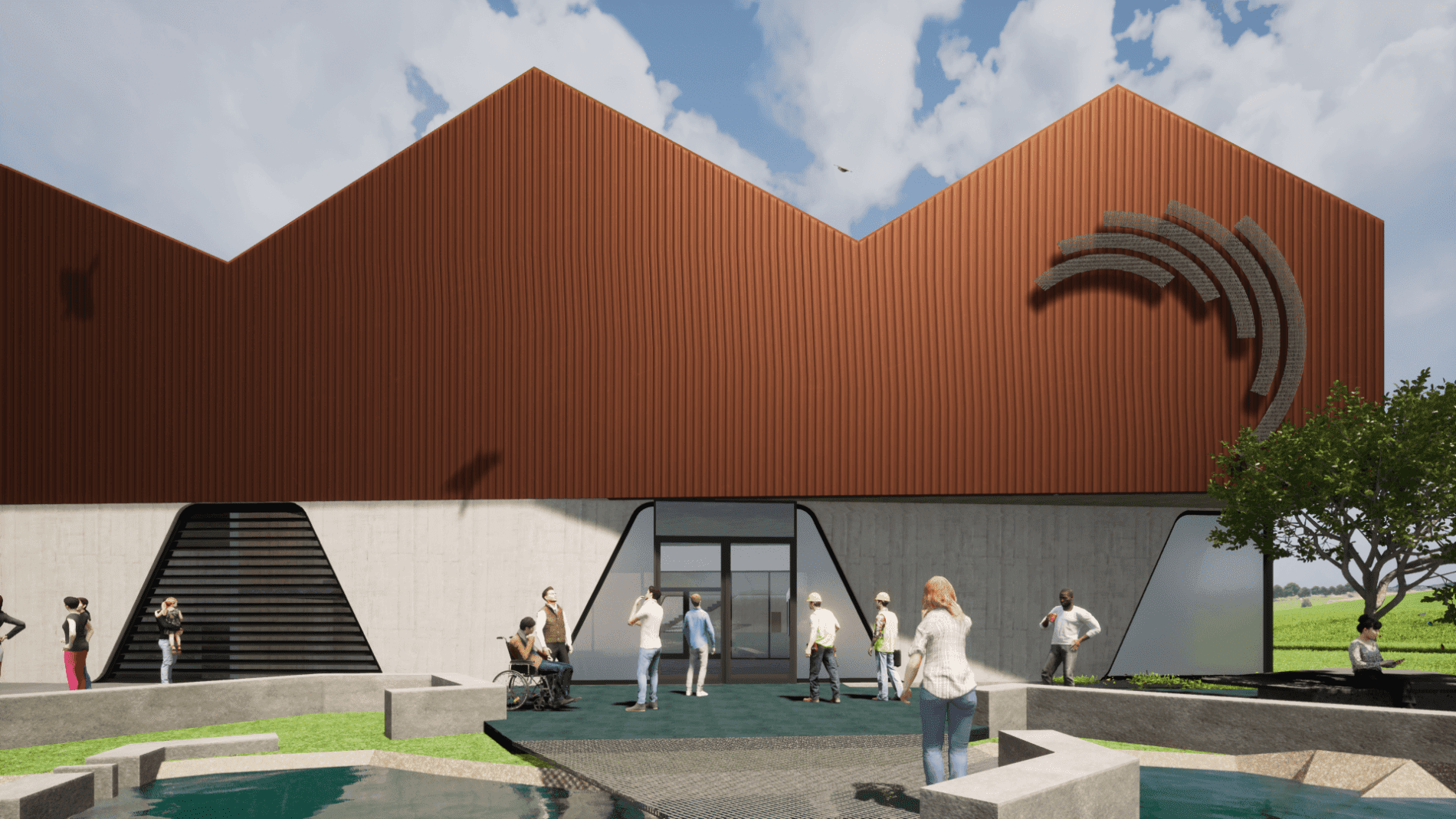 Artist's impression of a boxy saw-tooth metal clad training facility with concrete landscaping in the forecourt