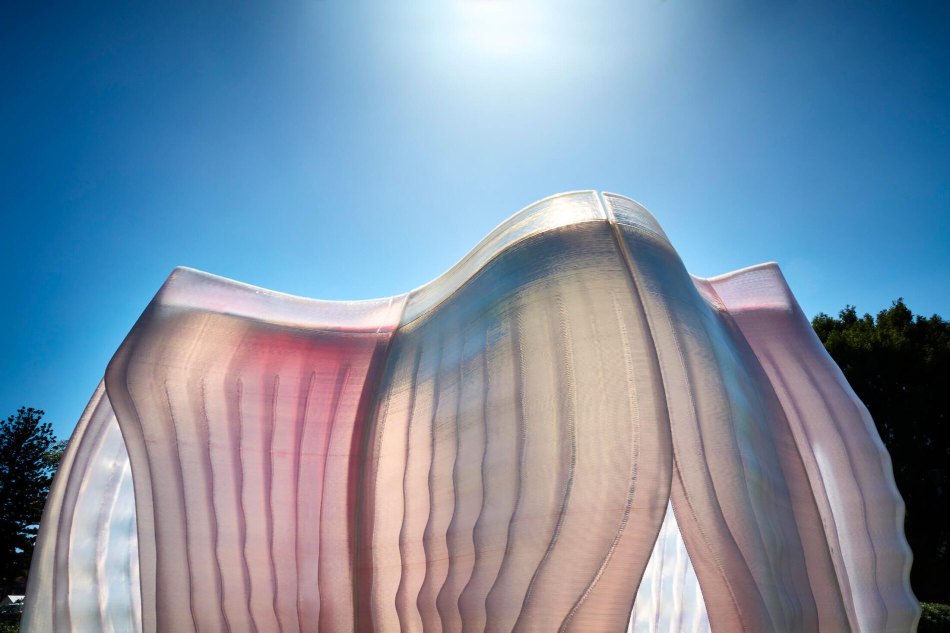 Organic pink formed structure with blue sky behind