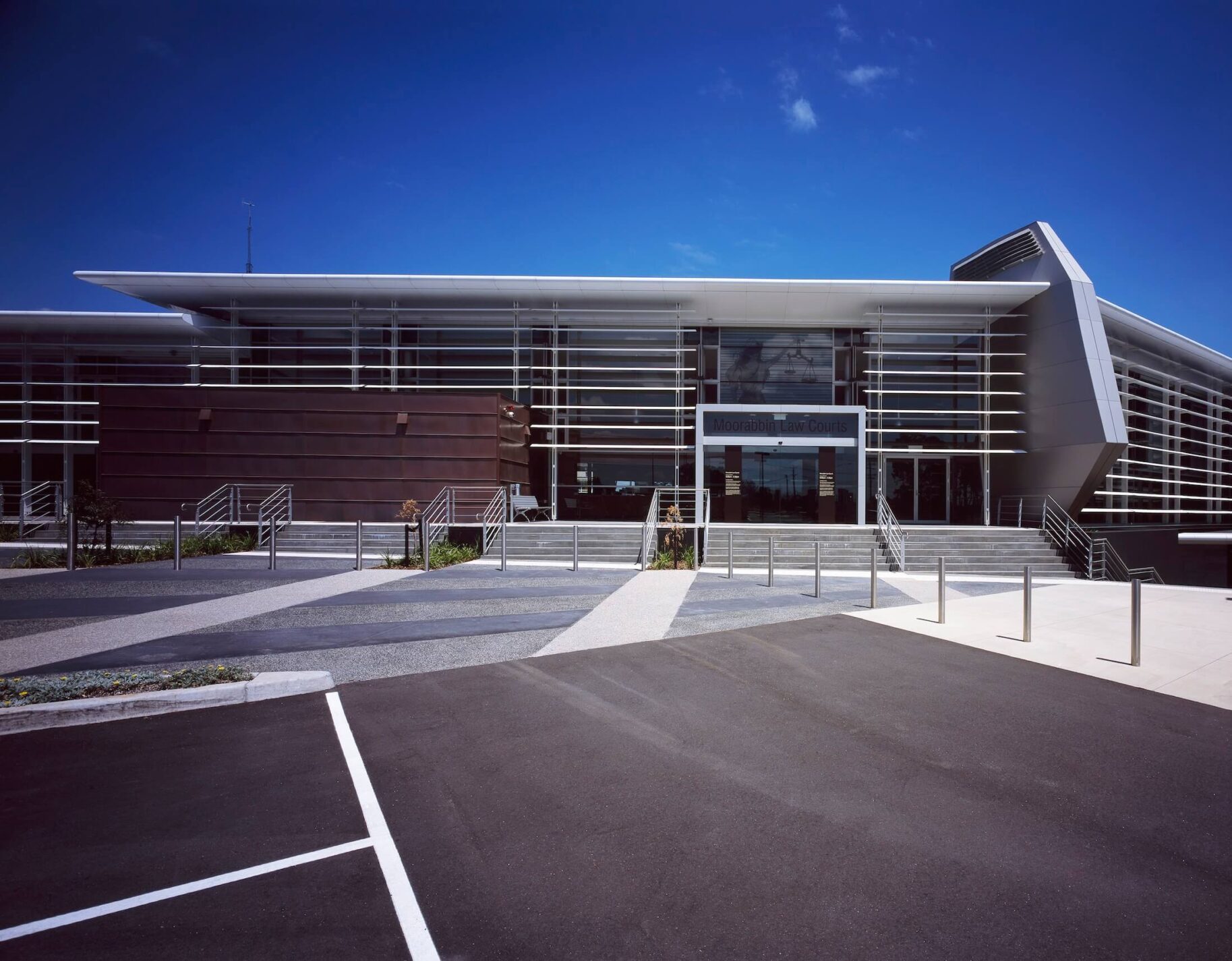 Exterior view of Moorabbin Law Court with stepped entry and shaded facade