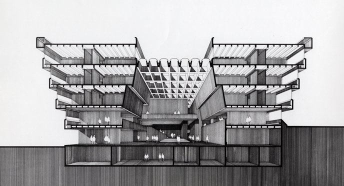 A section view sketch of the Andrews Building, Scarborough College, Toronto