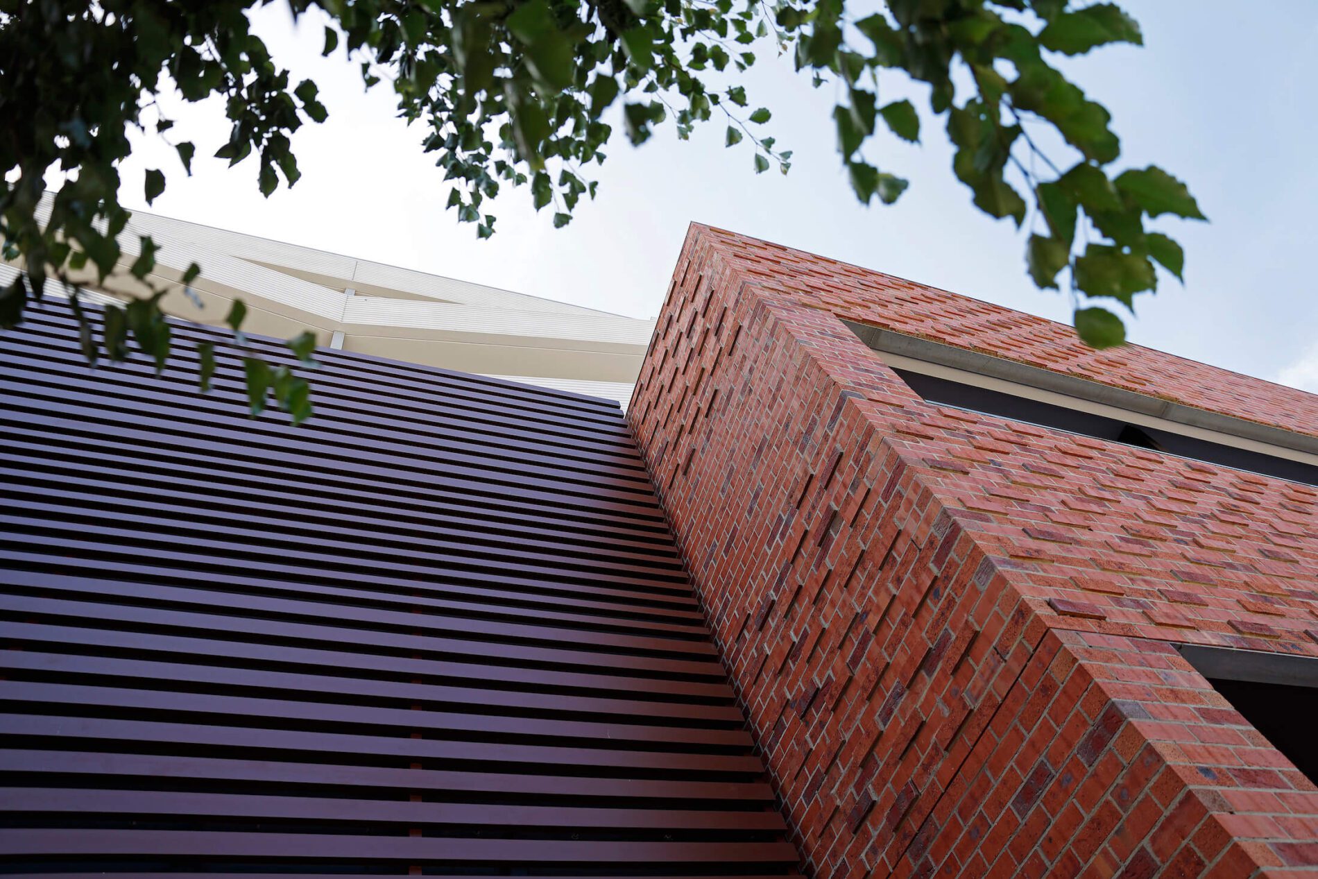 View looking up at brick residential building