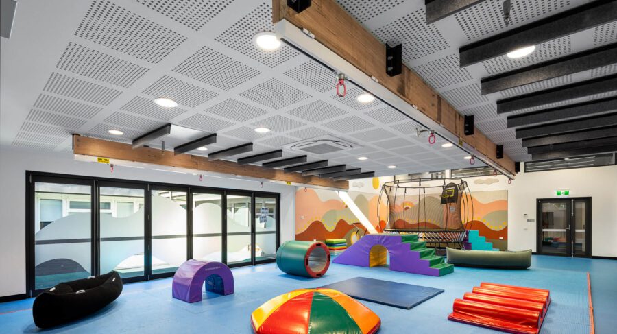 Therapy room with colourful softfall equipment